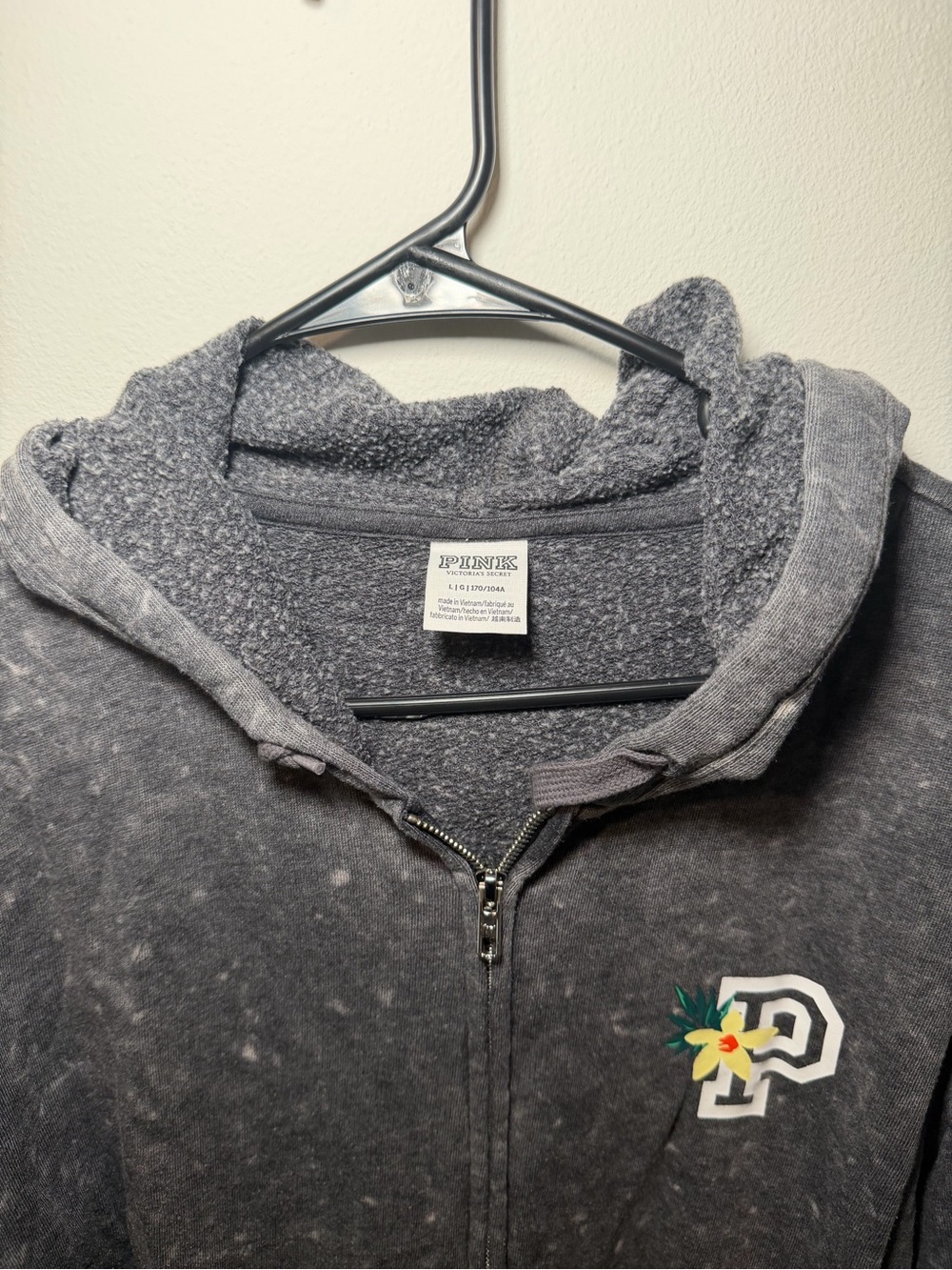 Victorias Secret PINK Gray Full Zip Hoodie Sweater Tropical Hawaiian Flowers - Picture 4 of 7